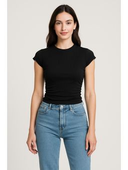 Cider - Round Neck Ruched Solid Short Sleeve Top