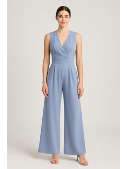 Cider - V-Neck Wrap Zipper Wide Leg Jumpsuit