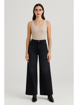 Cider - Denim Mid Rise Solid Wide Leg Jeans