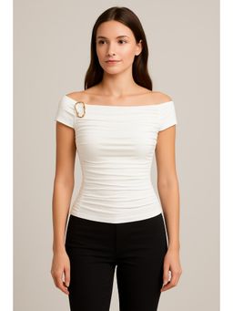 Cider - Off-Shoulder Solid Ruched Buckle Short Sleeve Top