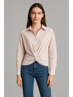 Cider - Cotton-Blend Collar Striped Knotted Roll-Up Long Sleeve Shirt