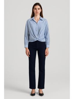 Cider - Cotton-Blend Collar Striped Knotted Roll-Up Long Sleeve Shirt