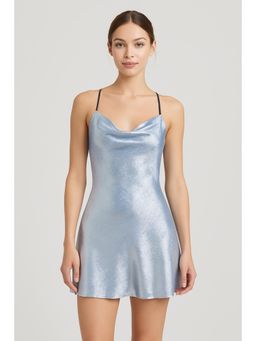 Cider - Cowl Neck Solid Metallic Criss Cross Mini Dress