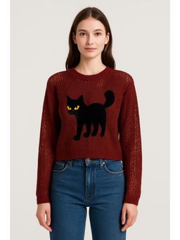 Cider - Knit Round Neckline Cat Graphic Hollow Out See-Through Oversized Top
