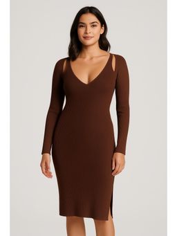 Cider - Knit V-Neck Solid Long Sleeve Cut Out Slit Midi Dress Curve & Plus