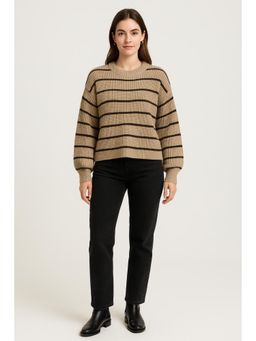 Cider - Striped Knit Round Neckline Long Sleeve Top Curve & Plus