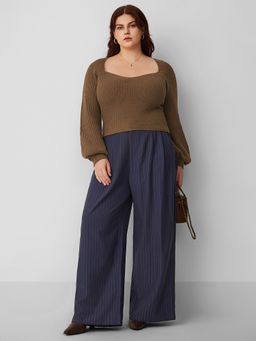 Cider - Knit V-Neck Solid Lantern Sleeve Top Curve & Plus
