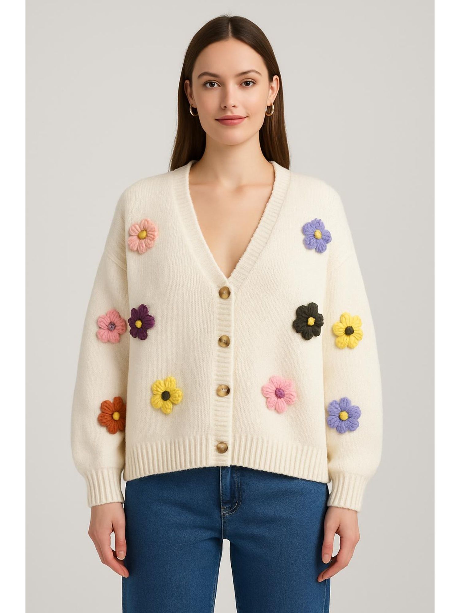 JNBY　V-neck Curved 3D Cardigan Sweater / JNBY Floral Pattern V-neck Cardigan – JNBYPLUS