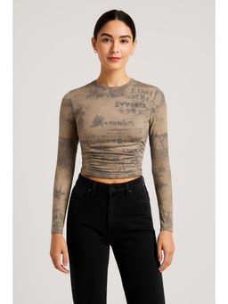 Cider - Round Neck Tie Dye Ruched Long Sleeve Crop Top
