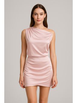 Cider - Satin Asymmetrical Neck Solid Ruched Mini Dress