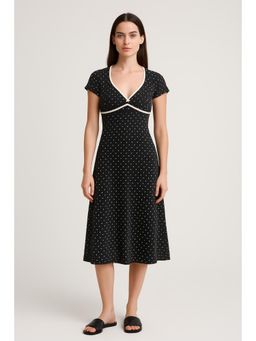 Cider - Knit V-neck Polka Dot Bowknot Midi Dress