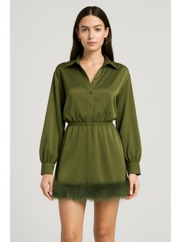 Cider - Faux Feather Trim Collar Short Dress