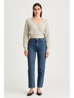 Cider - Knit V-neck Solid Wrap Crop Long Sleeve Top