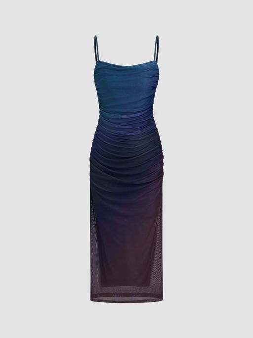 knee length dresses for ladies in My Arms Ruched Mesh Maxi Dress in White main image 0