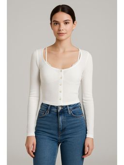 Cider - Cotton-blend Scoop Neckline Solid Button Long Sleeve Crop Top