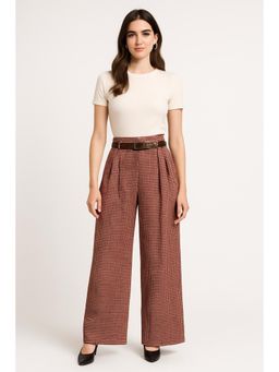 Cider - Houndstooth High Waist Belted Wide Leg Trousers