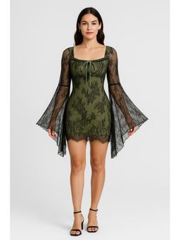Cider - Floral Knotted Lace Bell Sleeve Mini Dress