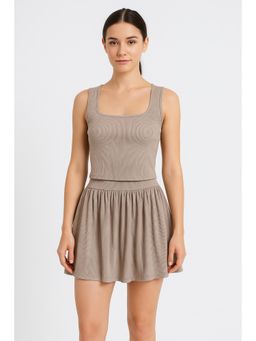 Cider - Square Neck Solid Tank Top & Pleated Mini Skirt (Set of 2)