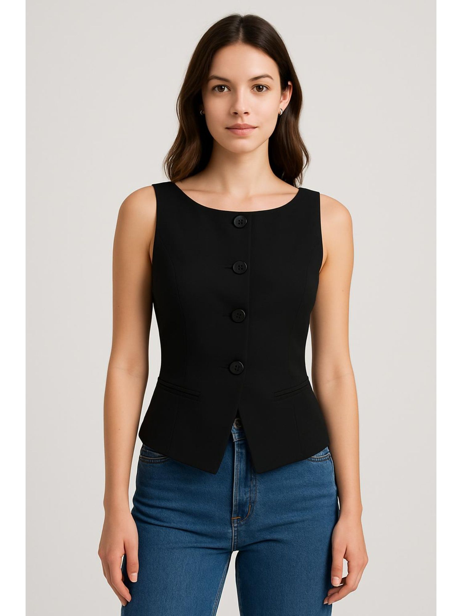cider Woven Boat Neck Solid Button Vest-picture-17
