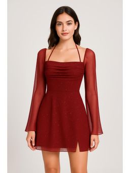 Cider - Square Neck Solid Glitter Knotted Mini Dress