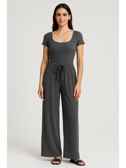 Cider - U-neckline Bodysuit & Elastic Waist Wide Leg Pants Set