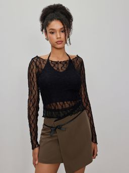 Cider - See-through Lace Long Sleeve Tee & Halter Tank Top