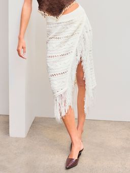 Cider - Knit Solid Asymmetrical Fringe Midi Skirt