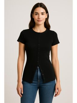 Cider - Cotton-blend Round Neckline Solid Button Short Sleeve Top