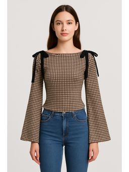 Cider - Boat Neck Gingham Bowknot Ruched Long Sleeve Top