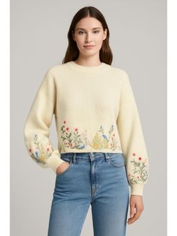 Cider - Knit Round Neckline Floral Embroidery Crop Sweater Curve & Plus