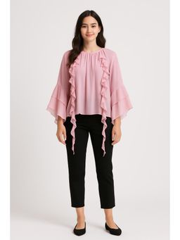 Cider - Chiffon Round Neckline Solid Ruffle Hem See-through Long Bell Sleeve Blouse