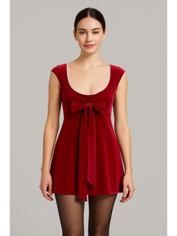 Cider - Velvet Boat Neck Bowknot Ruched Mini Dress