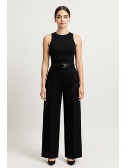 Cider - Round Neckline Solid Pocket Zipper Jumpsuit With Belt