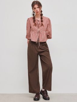 Cider - 100% Cotton Round Neckline Gingham Tie Front Long Sleeve Blouse