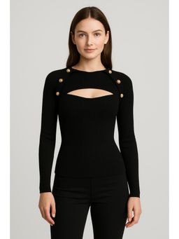 Cider - Knit Square Neck Solid Button Long Sleeve Top