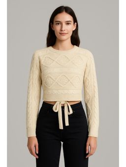 Cider - Cable Knit Round Neckline Cut Out Knotted Long Sleeve Top