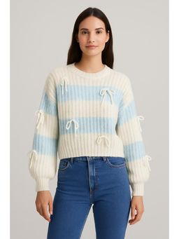 Cider - Wool-blend Round Neckline Striped Bowknot Knitted Long Sleeve Top