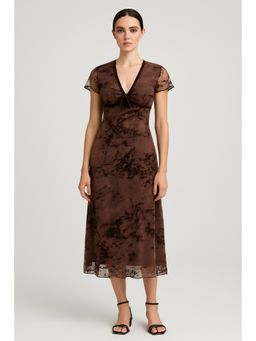 Cider - Mesh V-neck Floral Ruffle Knotted Midi Dress