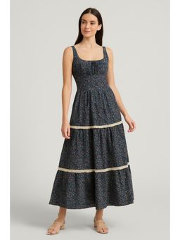 Cider - 100% Cotton Scoop Neckline Floral Lace Trim Knotted Tiered Maxi Dress