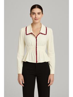 Cider - 100% Cotton Collar Contrasting Binding Ruffle Long Sleeve Blouse