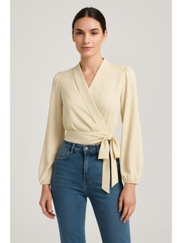 Cider - Satin V-neck Solid Knotted Long Sleeve Crop Blouse
