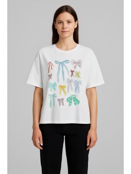 Cider - Round Neckline Bowknot Graphic Short Sleeve Oversized Tee