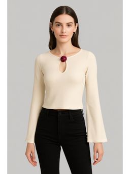 Cider - Lace Round Neckline Rosette Knotted Backless Long Sleeve Crop Top