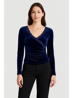 Cider - Velvet V-neck Solid Lace Ruched Long Sleeve Top