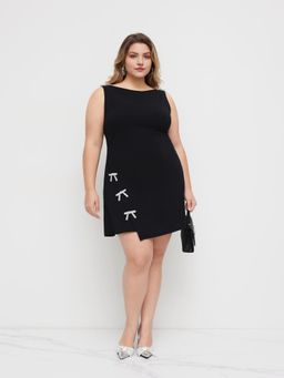 Cider - Boat Neckline Solid Bowknot Wrap Mini Dress Curve & Plus