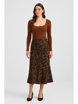 Cider - Scoop Neckline Solid Long Sleeve Crop Top & Mid Rise Leopard Ruffle Maxi Skirt Set