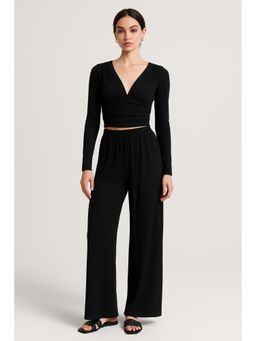 Cider - V-neck Solid Ruched Long Sleeve Crop Top & Mid Rise Solid Wide Leg Trousers Set