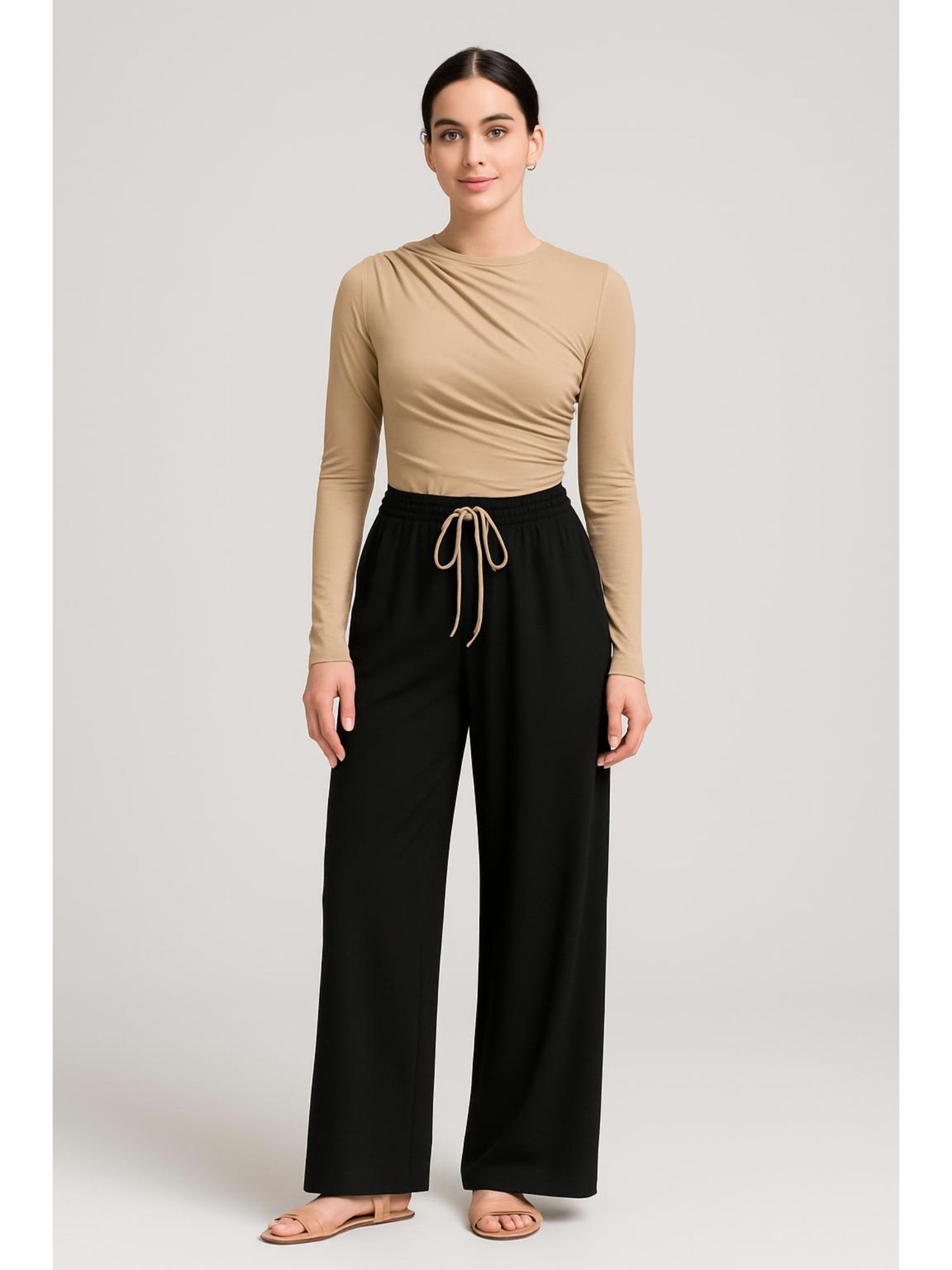 cider High Neck Ruched Long Sleeve Top & Mid Rise Wide Leg Trousers Set-picture-14