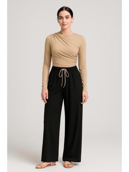 Cider - High Neck Ruched Long Sleeve Top & Mid Rise Wide Leg Trousers Set
