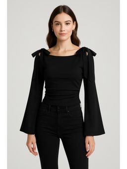 Cider - Boat Neck Bowknot Ruched Long Sleeve Top